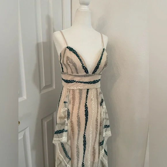 BCBGMAXAZRIA NWT Lilian Dress Sz 6 Ivory, silver, gold, teal Prom, Formal - Picture 6 of 16